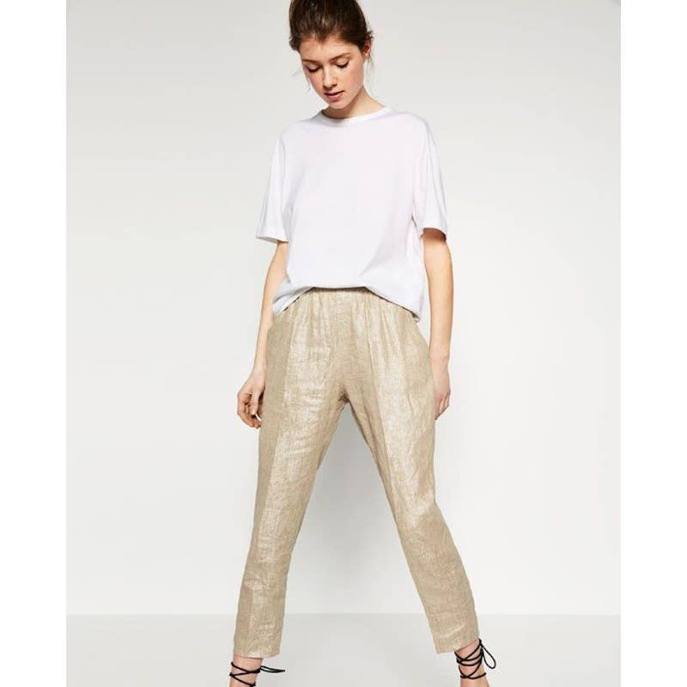 Zara Linen Gold Metallic Pants
